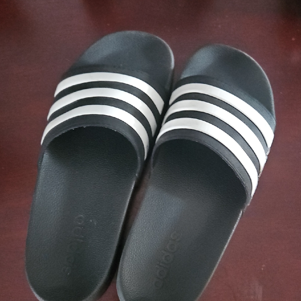 Adidas Black Slides with White Stripes